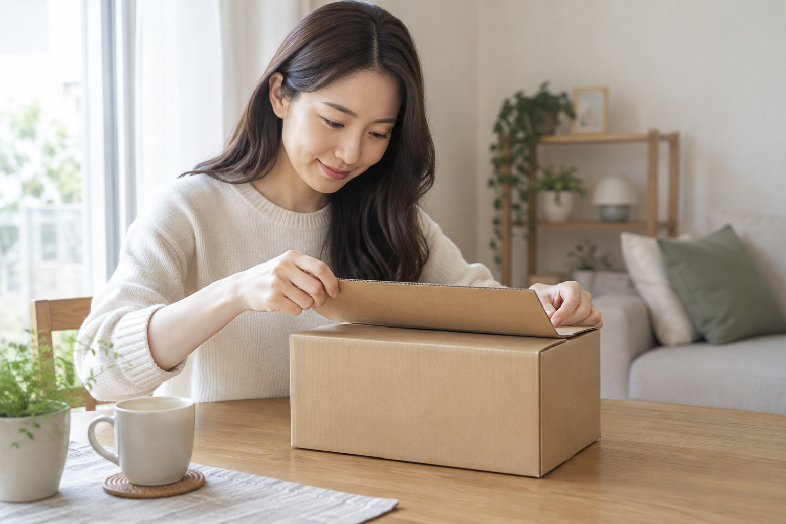 온라인 주문 상자의 포장을 조심스럽게 여는 사람